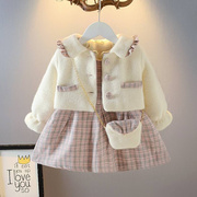 童装女童秋冬格子连衣裙，婴儿裙子宝宝水貂，绒外套背心马甲裙两件套