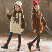 童装女童加绒中长款拼色卫衣中大儿童冬季加厚羊羔绒连帽外套