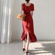 韩国chic夏季法式气质方领棉麻荷叶边鱼尾连衣裙收腰显瘦短袖长裙