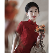 新中式敬酒服旗袍，2024夏季红色新娘，改良小个子连衣裙订婚礼服