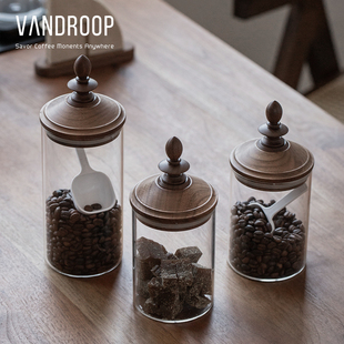VANDROOP原创设计日式咖啡豆储物罐黑胡桃木盖玻璃密封保存收纳罐