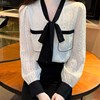 雪纺衬衫女长袖秋k冬季2023设计感小众撞色衬衫蝴蝶结系带上