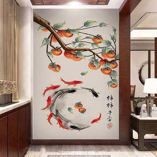 墙纸定制3d立体中式柿柿如意玄关背景墙壁纸客厅，壁布卧室墙布壁画