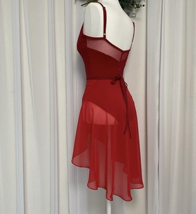 芭蕾舞纱裙女一片式红色纯色练功短裙成人体操服系带半身舞蹈裙
