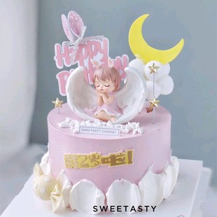 安妮宝贝天使翅膀女孩蛋糕摆件装饰粉色公主兔耳朵卡通可爱甜