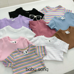 澳单cot2-10岁女童夏季纯棉弹力，彩虹条纹圆领，纯色短袖t恤