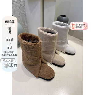 韩国东大门女鞋23冬季超保暖羔羊毛毛加绒裤边雪地靴中筒