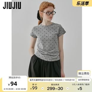 jiujiu美式复古波点短袖t恤女2024季设计(季，设计)感正肩修身短款上衣