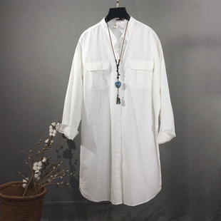圆领落肩纯色长袖长款衬衫2023秋装，女法式全棉，直筒白色衬衫裙潮