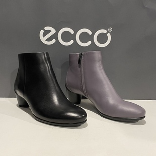 美现ECCO爱步女鞋秋冬款粗高跟短筒靴时装瘦瘦靴皮靴雕塑230483
