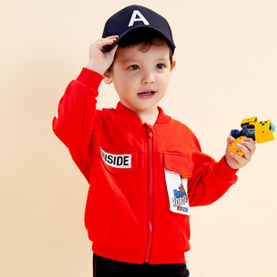 男童外套2024儿童红色，韩版棒球服春季宝宝，洋气卡通拉链衫潮服