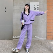 时尚紫色卫衣套装女春秋2023网红炸街运动风休闲束脚裤两件套
