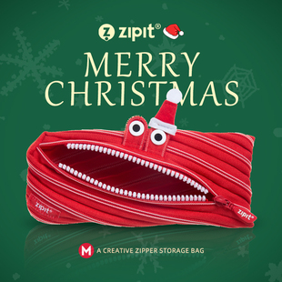 圣诞小礼物ZIPIT圣诞节拉链袋红帽中号笔袋小学生文具袋大容量文具盒搞怪个性