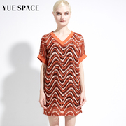 YUESPACE蕾丝衫时尚V领镂空宽松短袖女士夏季套头休闲罩衫中长款