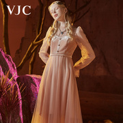 VJC/威杰思女装秋冬连衣裙中长款修身网纱气质珍珠复古