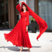 速发大红色雪纺沙滩裙超长款春季连衣裙海边度假长袖大摆超仙