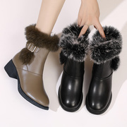 靴子2023大码女靴41一43冬季真皮长靴加厚保暖粗跟兔毛靴