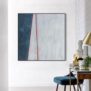 极简线条蓝白色块抽象油画现代简约玄关方形客厅书房背景墙装饰画