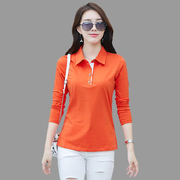 衬衫高端品牌打底衫女时尚长袖，纯棉t恤翻领橙色上衣运动秋衣洋气