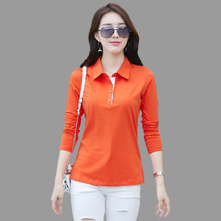 衬衫高端品牌打底衫女时尚，长袖纯棉t恤翻领，橙色上衣运动秋衣洋气