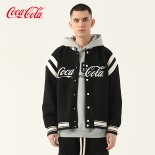 Coca-Cola/可口可乐 美式棒球服男毛呢拼接春秋情侣夹克立领外套