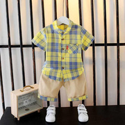 男宝宝短袖衬衫套装夏装男童装，1一4岁婴儿，2衣服3小童格子港风衬衣