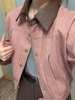 美式复古灰粉色拼接夹克，早春皮领撞色短款棒球服外套
