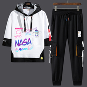 NASA联名春夏季潮流连帽t恤男士休闲运动套装假两件七分短袖长裤