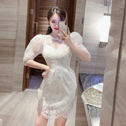 2021越南小众重工蕾丝连衣裙，白色拼接网纱仙女，气质小众收腰礼服裙