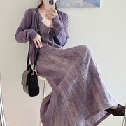新中式水墨画紫色吊带，连衣裙外搭罩衫温柔风，气质法式长裙秋季