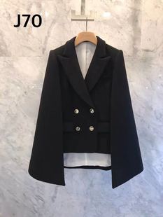 韩2019秋冬季羊毛大衣，西装领黑色，经典js羊绒外套斗篷女