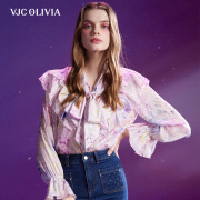 VJC OLIVIA2024春夏法式荷叶边碎花衬衫长袖喇叭袖衬衣女装