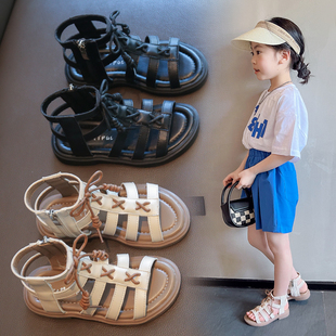 女童凉鞋2024夏季黑色，时尚凉鞋中大童，罗马鞋防滑高帮儿童凉鞋