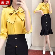 衬衫女2021春夏韩版黄色蝴蝶结气质ol洋气百搭设计感雪纺上衣