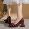 法式红色高跟鞋粗跟高级感婚鞋新娘鞋2024春季蝴蝶结方头单鞋