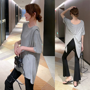 韩国版型设计别致蝉翼开叉垂感超弹夏季宽松短袖T恤女轻薄莫代尔