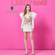 LEEDY＆ME高端轻奢白色印花泡泡袖修身长袖小洋裙日常聚会服