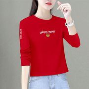 红色纯棉长袖t恤短款上衣女春秋季2024小个子，洋气内搭打底衫