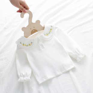 婴儿春秋装打底衫，0-3岁女宝宝长袖白色t恤女童，娃娃领绣花上衣洋气