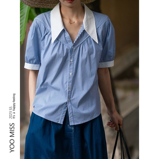 蓝色条纹短袖衬衫女夏季法式复古泡泡袖上衣薄款气质撞色尖领衬衣