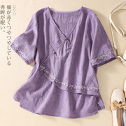 夏季30到40穿棉麻绵嘛上衣服50岁左右紫色短袖小衫45高贵t血女装.