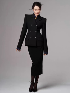 2024春秋修身套装热巴同款黑色双排扣半身裙收腰显瘦西装套装