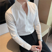 法式一片领白色打底长袖衬衫，男纯色痞帅高级感立领衬衣v领内搭潮