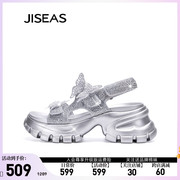 JISEAS厚底凉鞋2024夏季外穿蝴蝶绝美水钻增高女士镂空松糕鞋