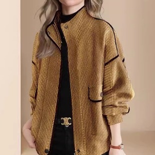 欧美名媛高级感风衣秋季2023女装黄色条纹立领工装风夹克外套