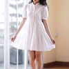 白色连衣裙女春季小个子气质高腰纯棉显瘦裙子泡泡袖衬衫领a字裙