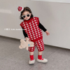 儿童红色格子针织套装，2023冬季韩版男童，女童圣诞毛衣背心短裤