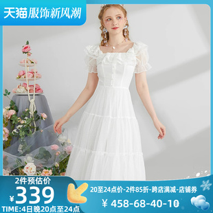 艾丽丝2023年夏季超仙减龄白色连衣裙蕾丝，荷叶边中长款公主裙