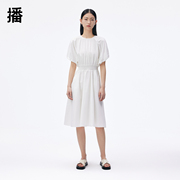 播白色圆领连衣裙女秋季收腰显瘦小个子中长款裙子DDP2LD4405