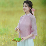 唐装女中国风旗袍中式素色短款禅意茶服套装仙气丝立领衬衫